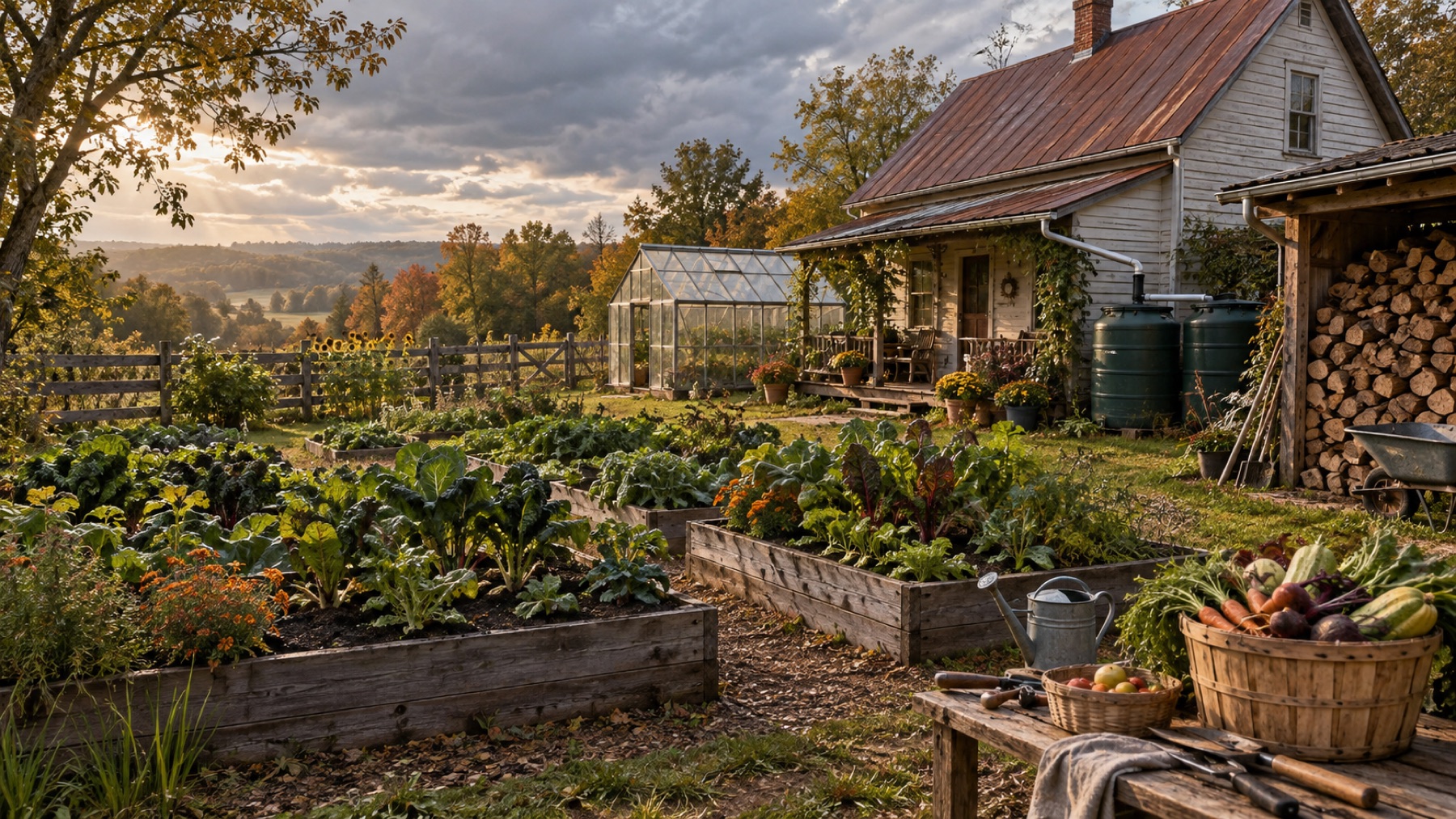 Small homestead with visible buildings, garden, greenhouse, water storage and access areas